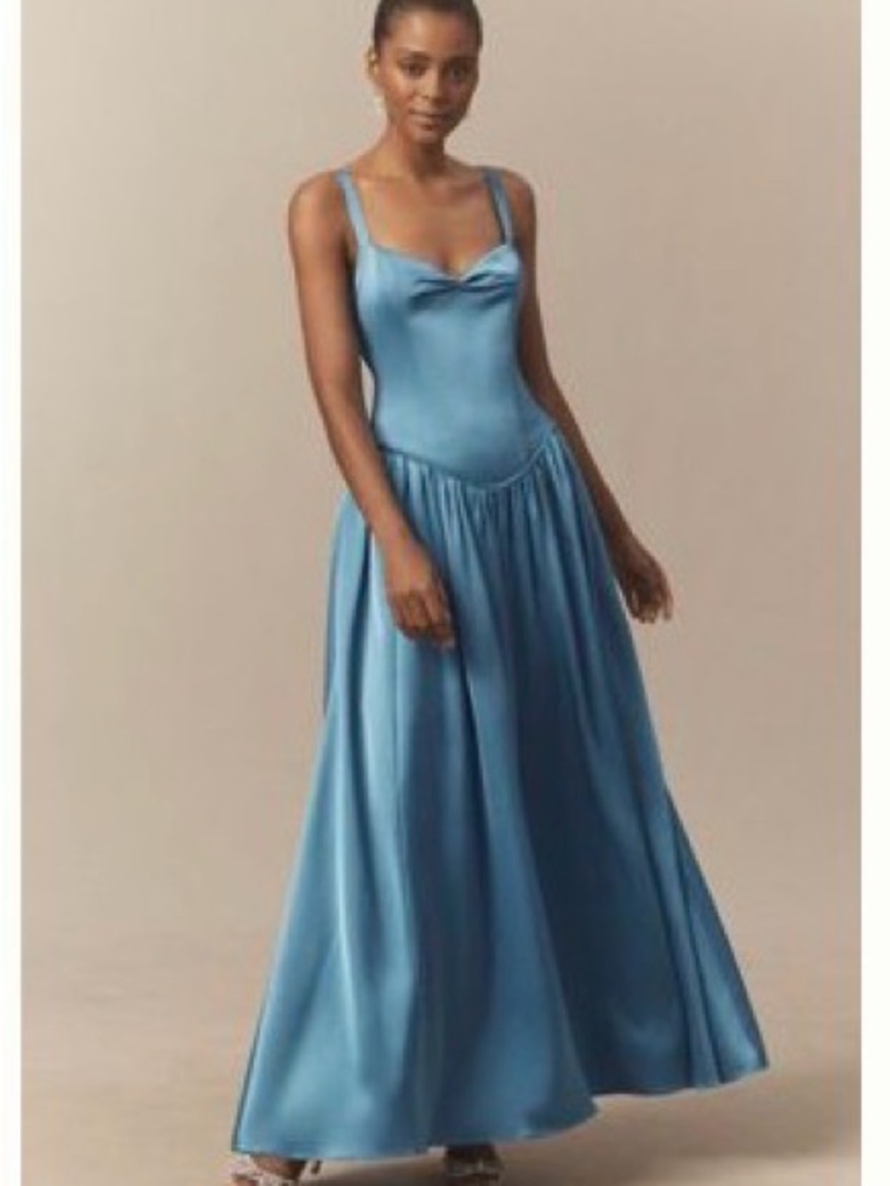 BHLDN Blue Satin Maxi Dress with Scoop Straps